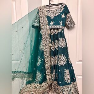 Brand New Green Silver Lengha - size 32 Blouse, 25 waist lengha 41 length